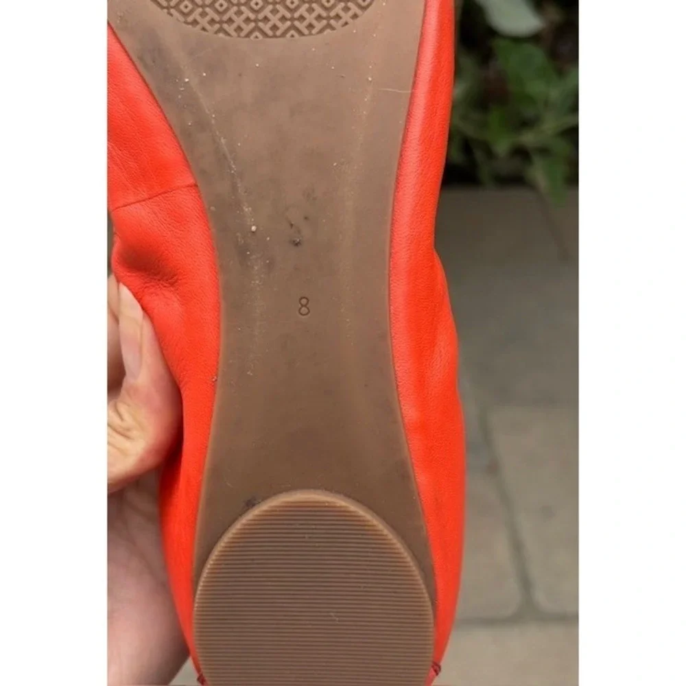 Tory Burch Minnie Travel Ballet Flats Orange‎ Leather Round Toe Shoes Womens 8